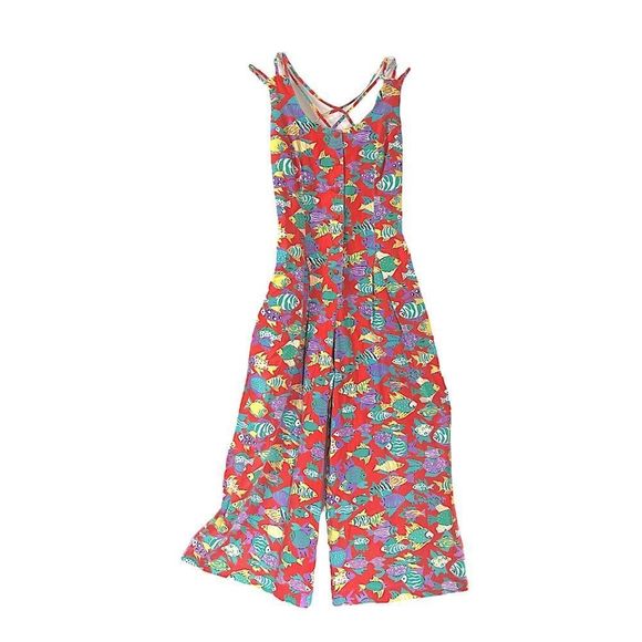Petite Lanz Pants - Petite Lanz Vintage Jumper Red Paisley Fish Sleeveless Buttons Wide Leg Overalls